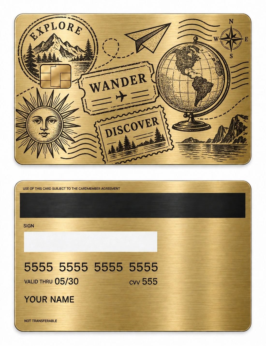 Passport to Elsewhere metal card — Front