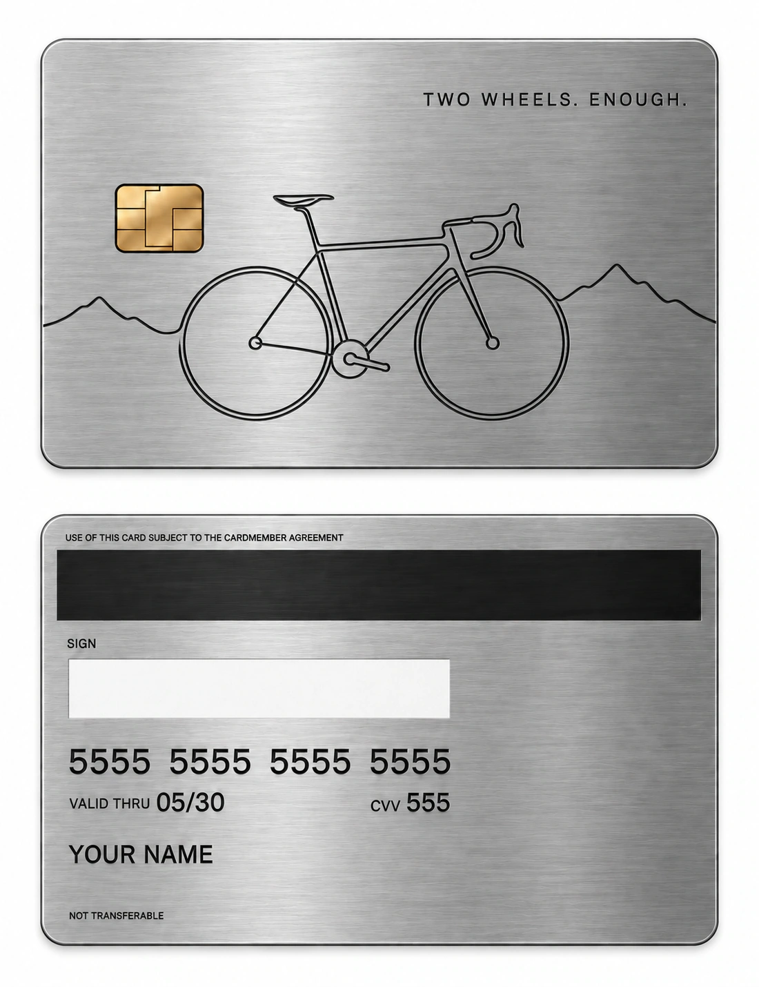 Two Wheels Enough metal card — Front