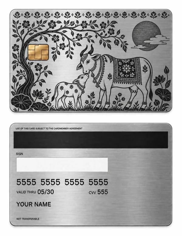 Moonlit Cow Garden — Brushed silver stainless steel with black engraving