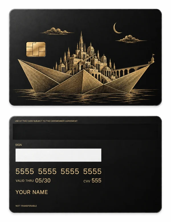 Paper Boat City — Matte black brass with gold engraving