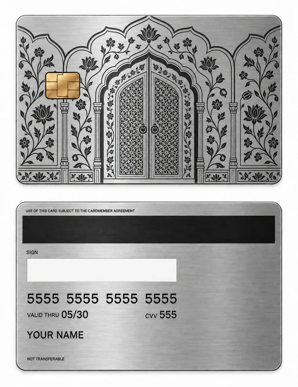 The Lotus Door — Brushed silver stainless steel with black engraving